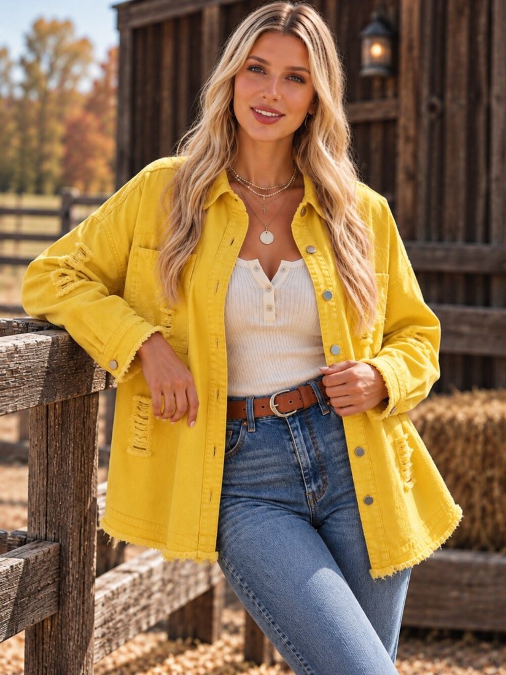 Lemon Yellow Distressed Denim Shacket Boyfriend Jean Jacket Frayed Hem Oversized
